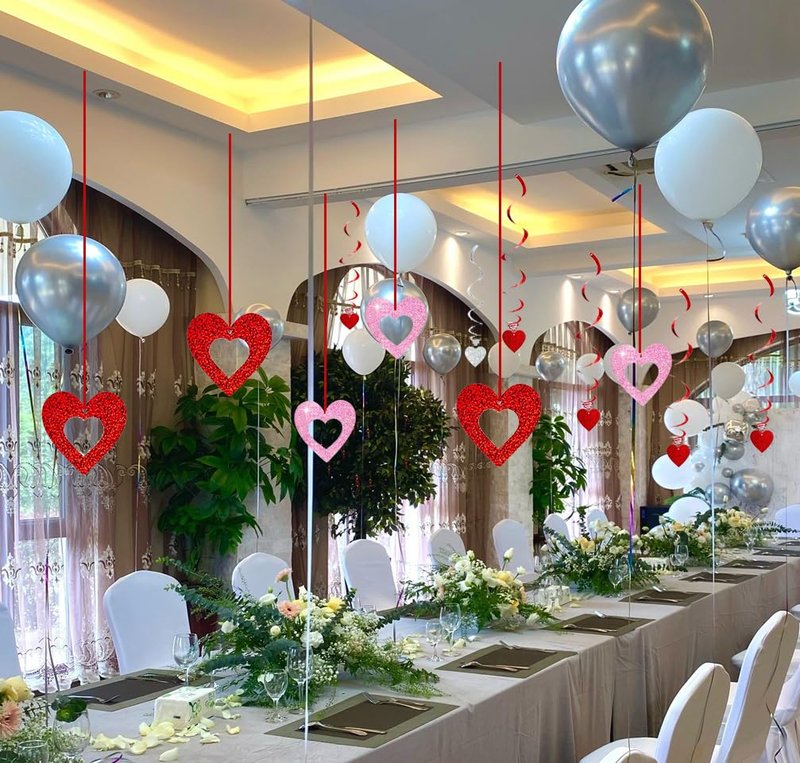 48 Pcs Valentine's Day Decorations Glitter Heart Hanging Swirls,Hanging Love Heart Swirls Wedding Party Supplies Decorations, Anniversary, Ceiling Decor.