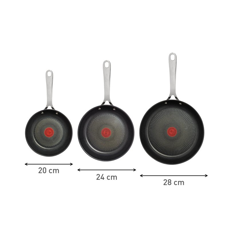 T-Fal Jamie Oliver Cooks Direct, Stainless Steel Non-stick Frying Pan 3 Pcs Set (20/24/28cm) (8/9/11 Inches) with Induction