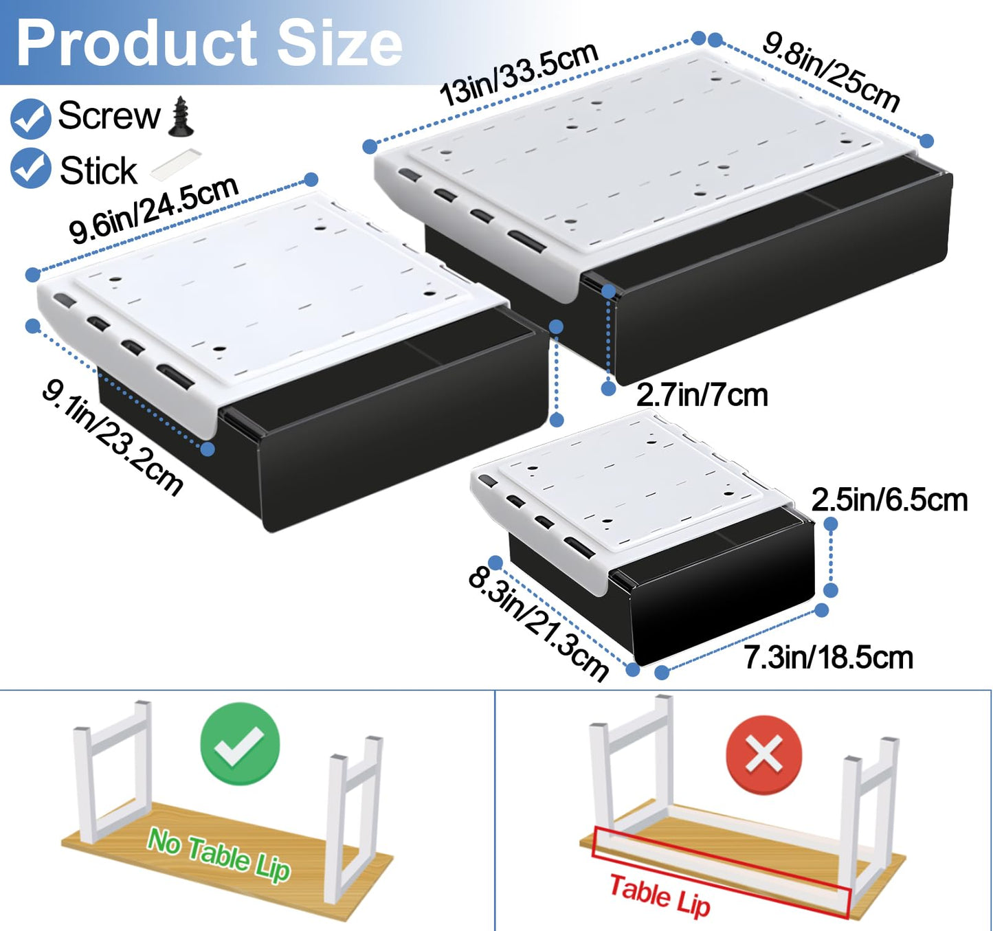 SVNNELP Under Desk Table Drawer Storage Organizer,3 Pack Large & Medium & Small Slide Out Desk Drawers - Hidden Desktop Organizer,Adhesive Storage Pencil Tray Under Table(BLACK/LMS)