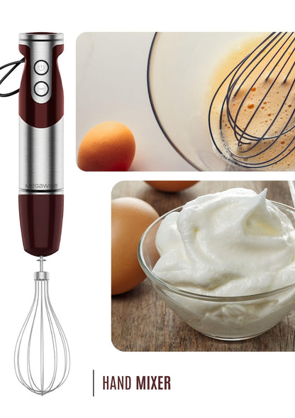 MegaWise Pro Titanium Reinforced 3-in-1 Immersion Corded Hand Blender, Powerful MOTOR with 80% Sharper Blades, 12-Speed Corded Blender, IncludingWhisk and Milk Frother (3-in 1 Red)