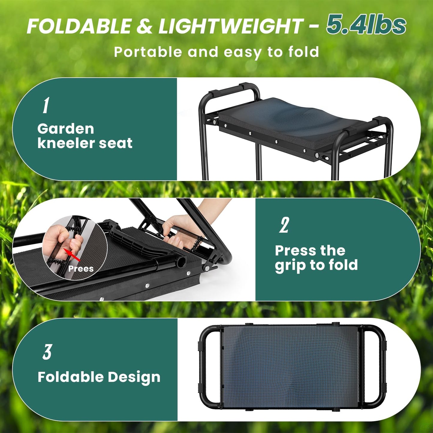 VOPEAK Garden Kneeler and Seat Heavy Duty, Foldable Garden Stool with Upgraded Widened Thick Kneeling Pad, Stable Garden Kneeler with 2 Large Tool Bags, Gardening Gifts for Women, Men, Seniors, Green
