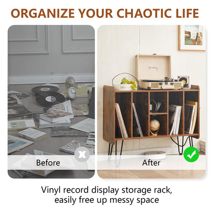 BMWEI Record Player Stand with Display Area, Wooden Turntable with Storage, Holds Up to 300 Albums (Brown)