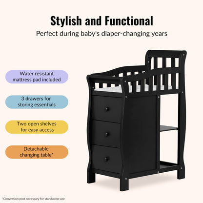 Dream On Me Jayden 4‑in‑1 Mini Convertible Baby Crib & Changer with Storage in Black, Pinewood, GreenGuard Gold & BSA, 1” Mattress Pad, 3 Mattress Heights, Converts to Mini Day & Twin-Size Bed