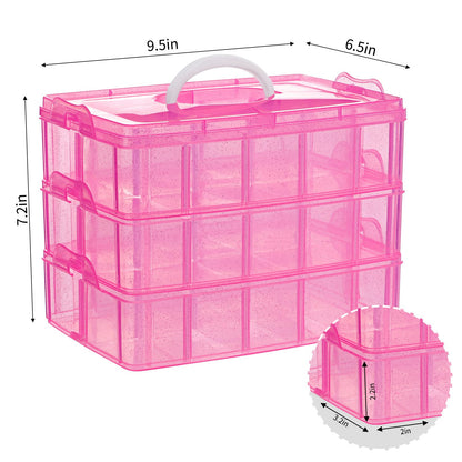 SGHUO Bead Organizers and Storage 3-Tier Pink Craft Container Stackable Box with Dividers for Art Supplies, Washi Tapes, Seed, Hair Accessories, Nail, 9.5X6.5X7.2in