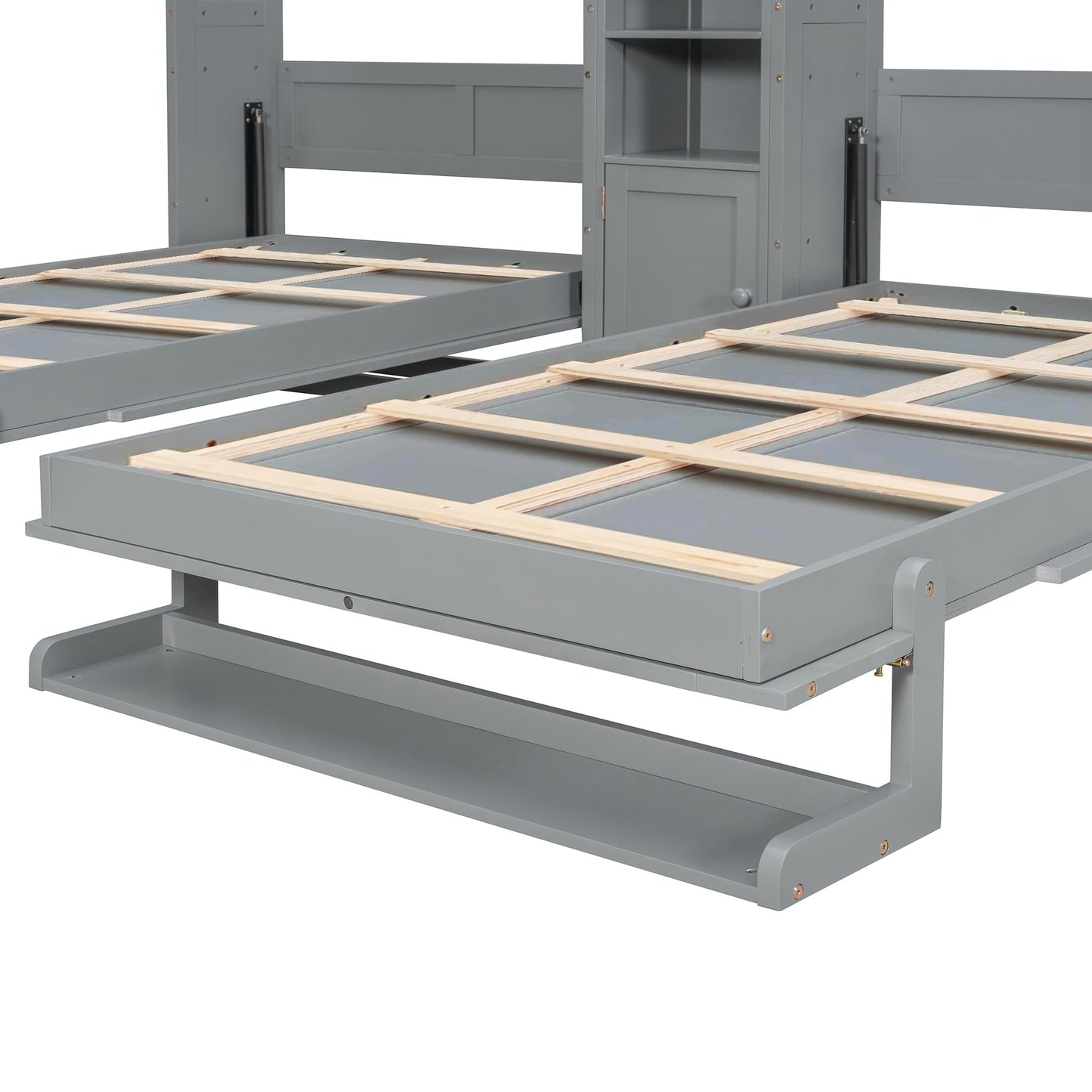 Merax Twin Murphy Bed with Storage Cabinets and Shelves, Dual Twin Wall Bed with Convertible Shelf Legs, Space Saving Foldable Bed for Small Rooms, Guest Room, Gray