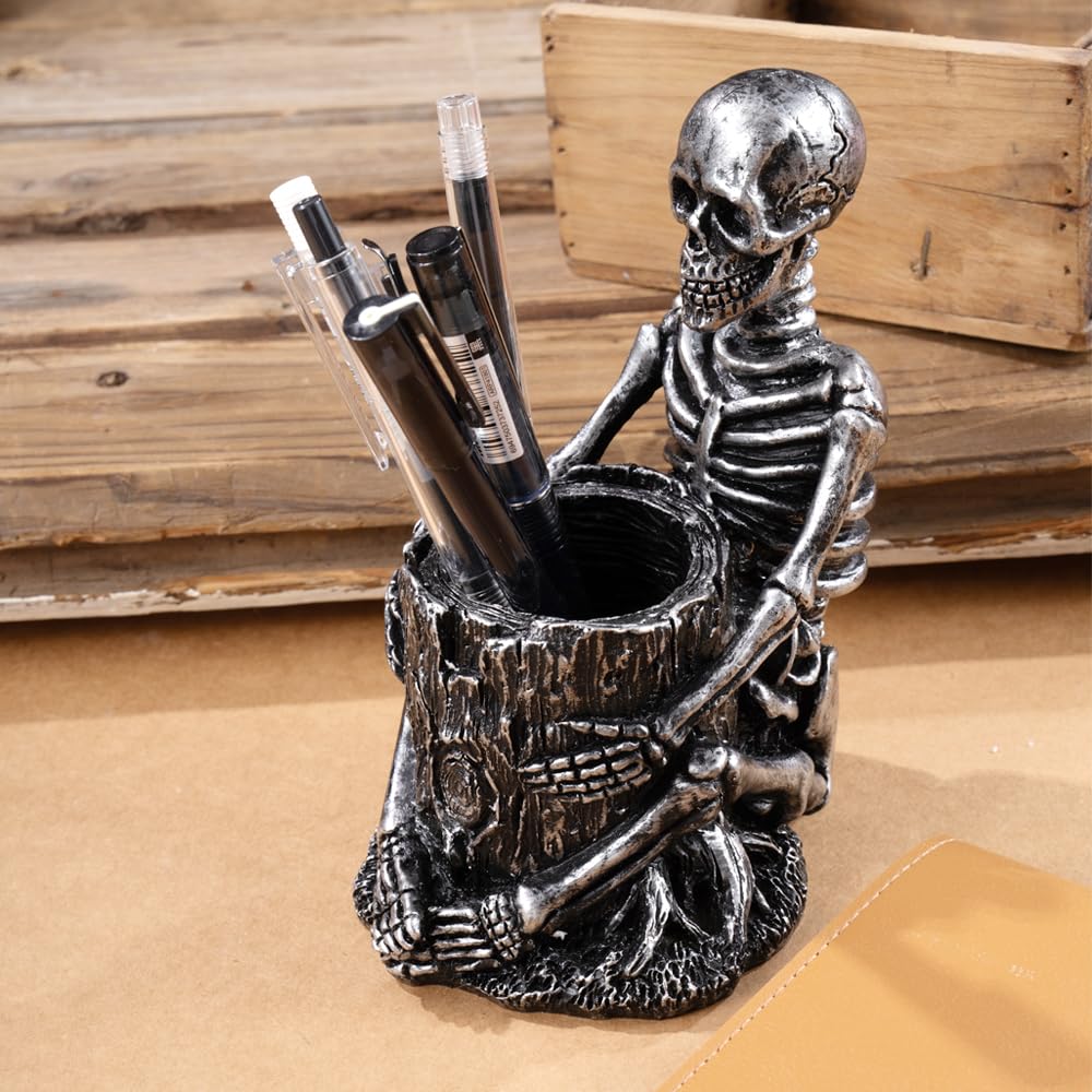 Arola Skull Pen Pencil Holder Skeleton Key Holder Makeup Brush Holder Home Office Desk Supplies Organizer Accessory（Silver-Plated）