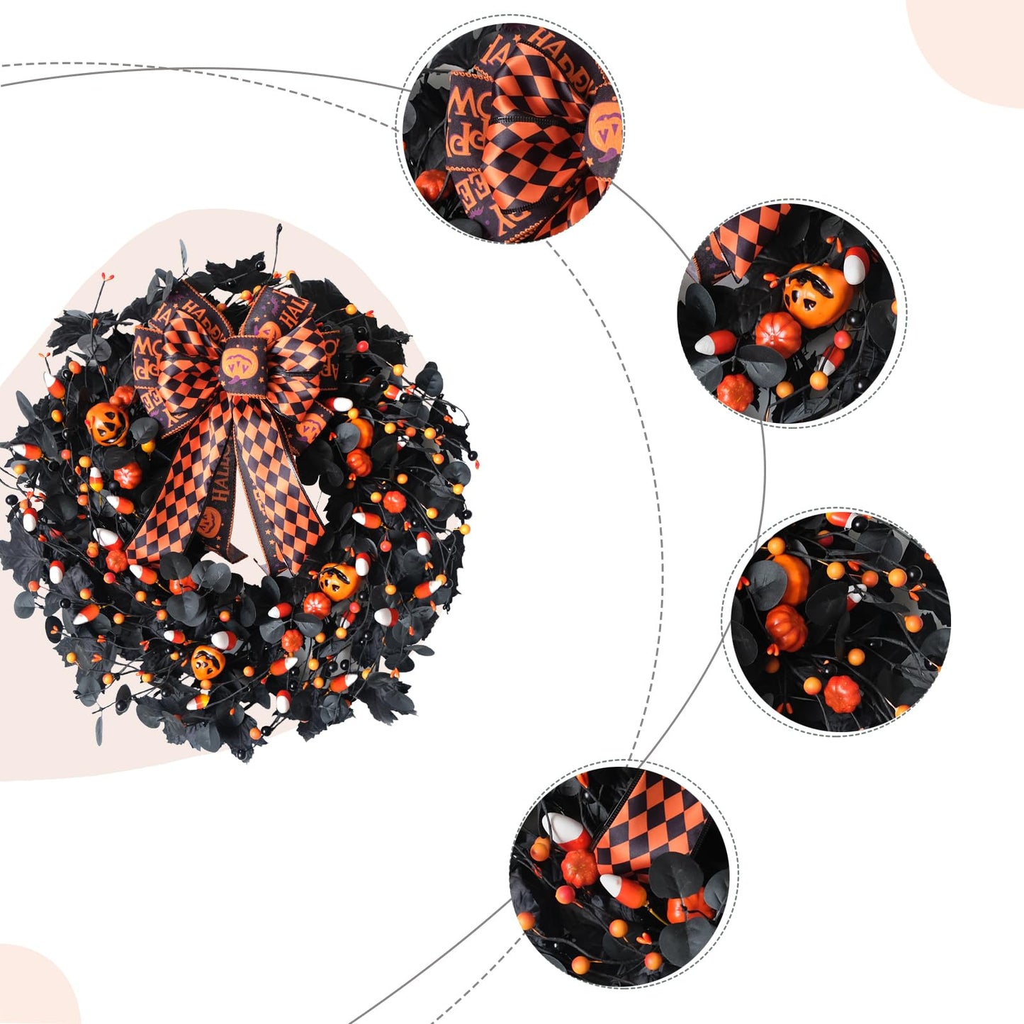 Bibelot 22inch Halloween Eucalyptus Wreaths Bow Decorative Wreaths Black Wreaths Pumpkin Decorative Party Holiday Celebration Indoor Outdoor Home Decoration