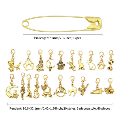 CONCHLERY 60 Pcs Cat Stitch Markers Charm Cat Crochet Markers Alloy Stitch Marker Planner Charms for Knitting Crocheting Quilting Weaving Jewelry Making Supplies, Gold