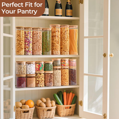 ComSaf Airtight Glass Food Storage Jars Set of 6, 0.6 Qt Clear Glass Food Storage Container with Sealing Wooden Lid, Stackable Spice Jar, Round Kitchen Canister for Sugar, Tea, Coffee bean, Pasta, Oat