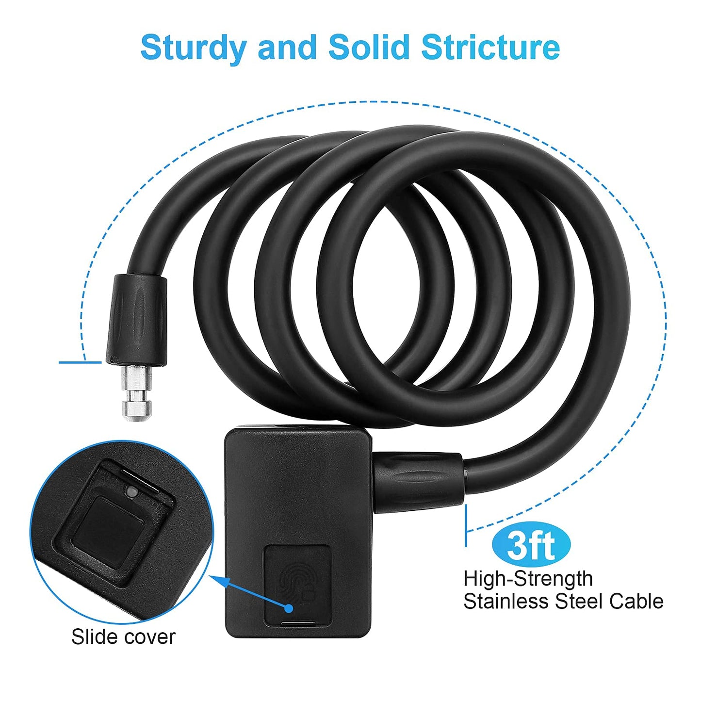 MYPIN Bluetooth Fingerprint Bike Lock, Anti-Theft, Waterproof, 1M Cable, IP65, Combination Lock, Fingerprint & Bluetooth Unlock, Heavy Duty