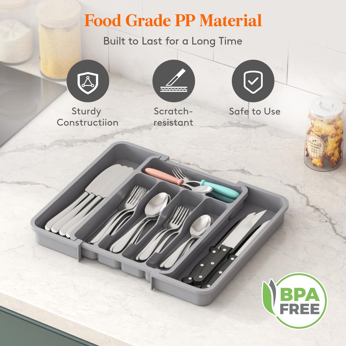 Lifewit Silverware Drawer Organizer, Expandable Utensil Tray for Kitchen, BPA Free Flatware and Cutlery Holder, Adjustable Plastic Storage for Spoons Forks Knives, 8.5"-14.1" x 12.1", Black