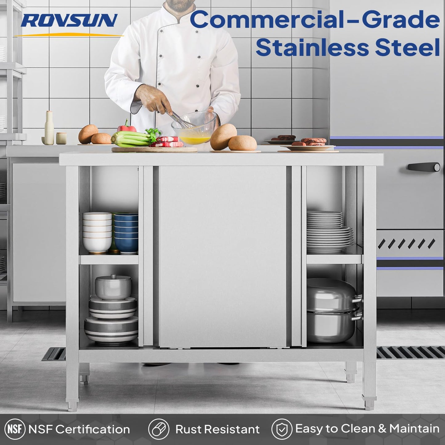 ROVSUN Stainless Steel Table with Cabinet 39 x 19 inches, NSF Commercial Heavy Duty Kitchen Table for Prep & Work, Kitchen Cabinet with 2 Sliding Doors for Restaurant, Home, Hotel, Garage, Laundry