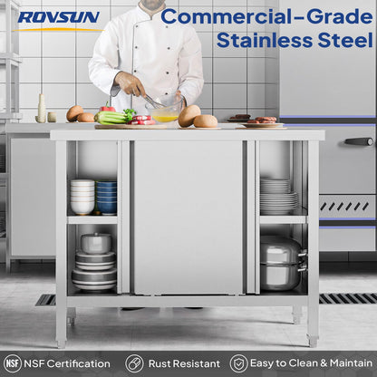ROVSUN Stainless Steel Table with Cabinet 39 x 19 inches, NSF Commercial Heavy Duty Kitchen Table for Prep & Work, Kitchen Cabinet with 2 Sliding Doors for Restaurant, Home, Hotel, Garage, Laundry