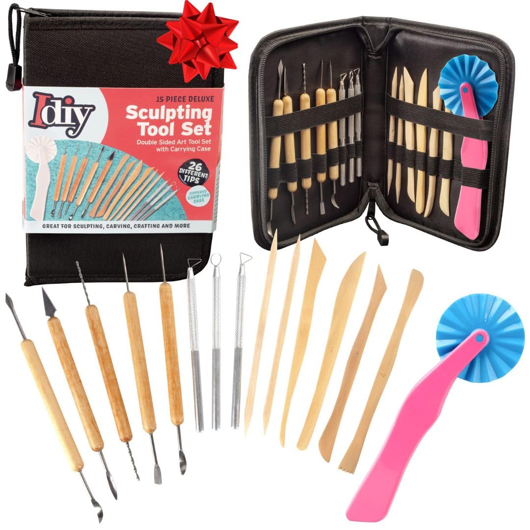 Pottery Tool Starter Kit- 15-Piece 26-Tool Beginner's Clay Ceramics Modeling Carving Sculpting Set- Arts & Crafts School Project, w Carrying Case, Birthday Gift for Kids, Gift Set for Artists