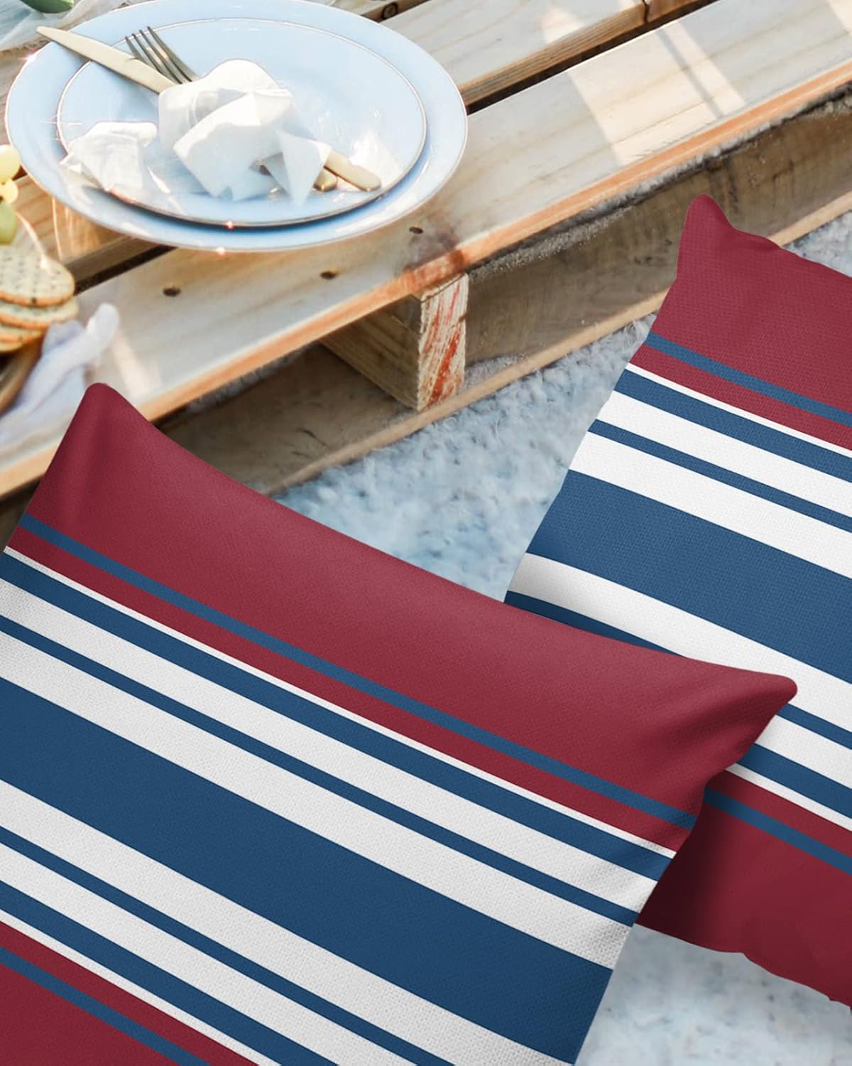 Navy Blue Burgundy Red Color Stripe Outdoor Pillow Covers Set of 2, Waterproof Throw Pillow Case, Cotton Linen