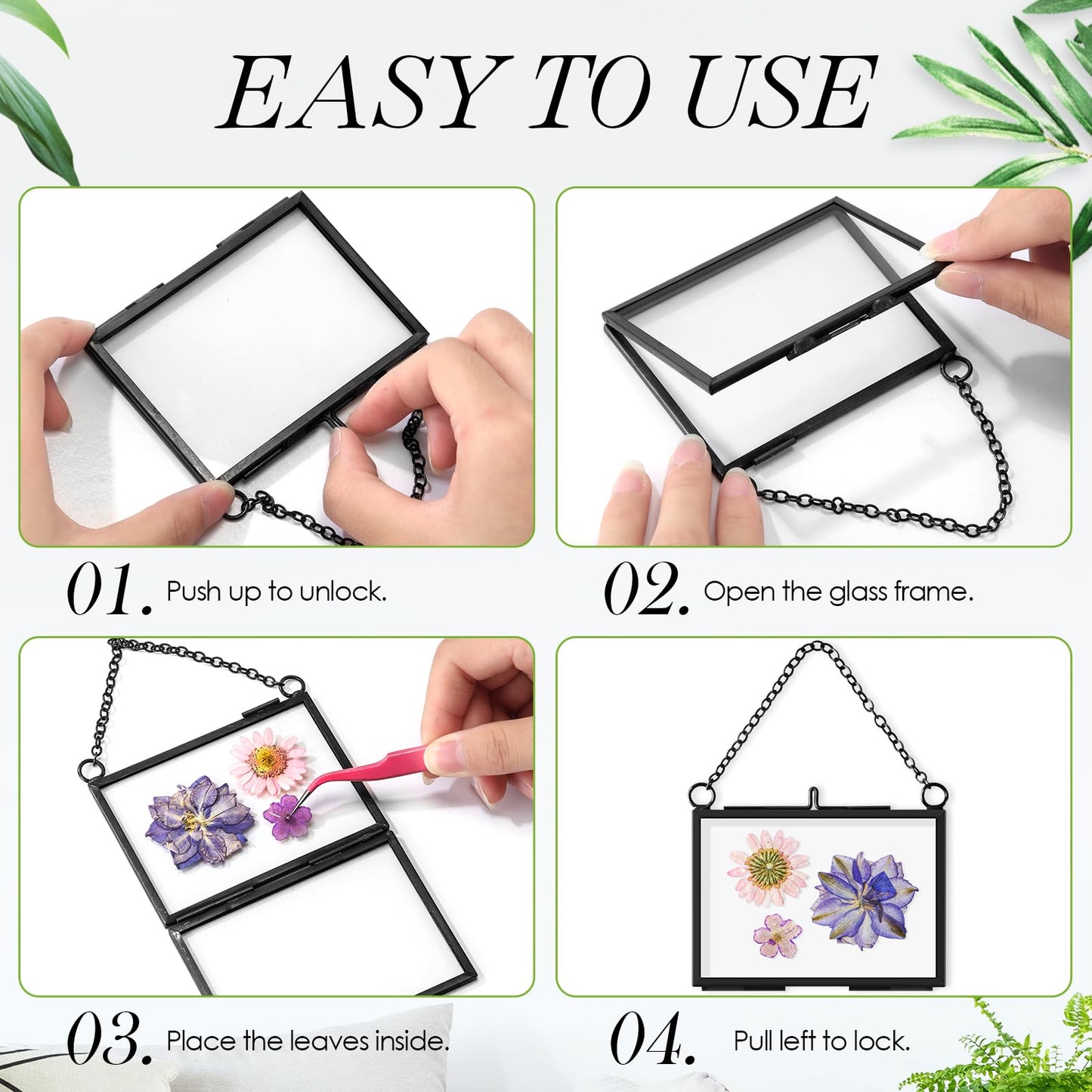 Thyle 8 Pieces Pressed Flower Frames, 3.5 x 2.5 Inch Wall Hanging Double Glass Picture Frames with Chain, Clear Floating Display for Dried Flowers Plants Wall Decor Artwork DIY Family Photo