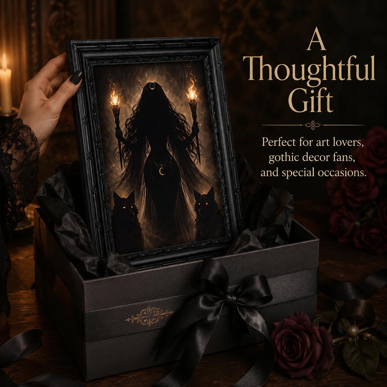 Dezrobew Gothic Witch Wall Art Dark Fantasy Black Wolves Painting Dark Academia Decor Mystical Moon Artwork Black Framed Picture for Bedroom Living Room Office 9''X11''