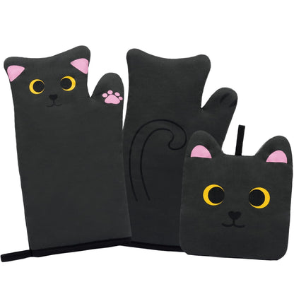 NIGOWAYS Oven Mitts,Cute Cat Design Cooking Glove,Quilted Cotton Lining,Heat Resistant Oven Mitts And Pot Holders Sets For Baking,Microwave,Cute Mitts Gift For Mom,Housewarming(Black)