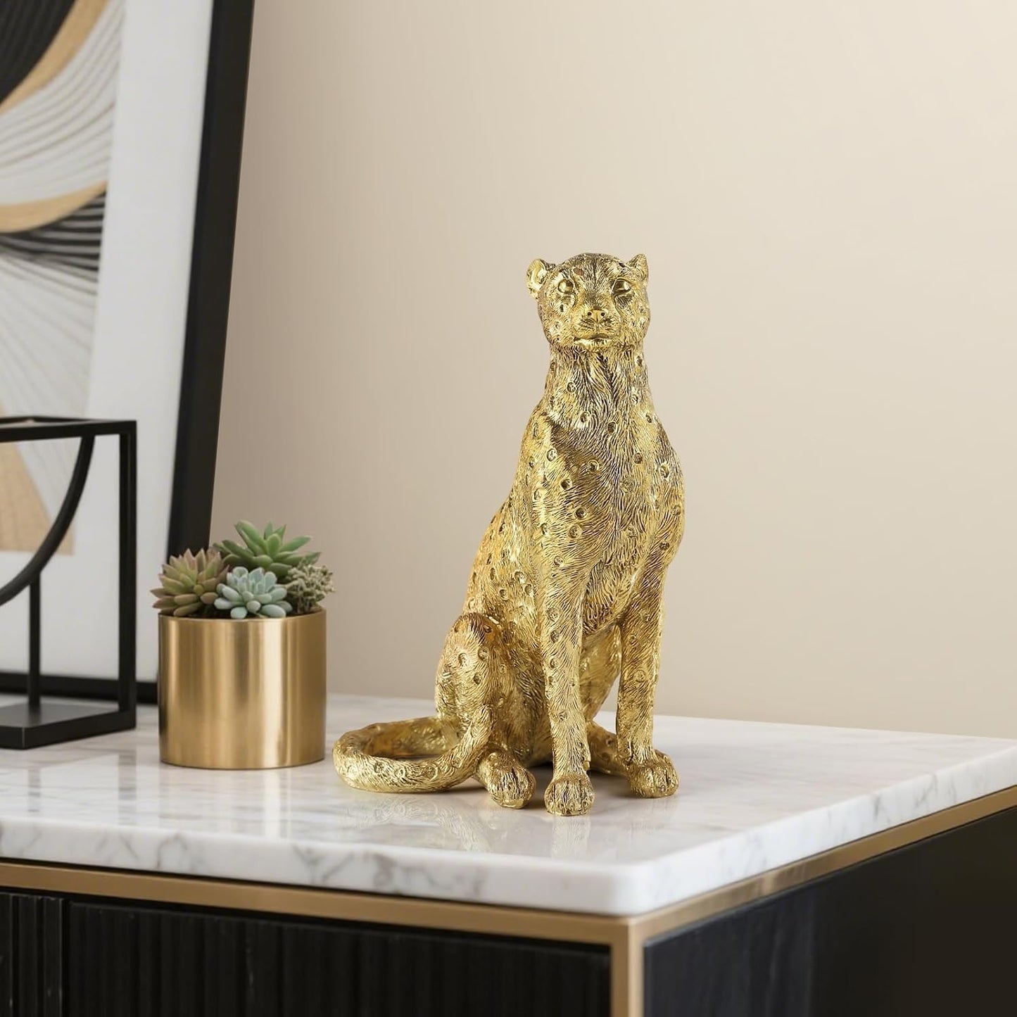 8" Cheetah Statue for Home Decor, Resin Sitting Leopard Sculpture, Gold Desktop Decoration for Living Room, Dining