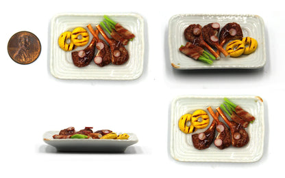 Lovely Mixed 5 Assorted Grilled, Steak, with Appetizer Dish Dollhouse Miniature Food, Tiny Food for Collectibles, Compatible with Barbie Dollhouse and Diorama Scale 1:6, 1/6