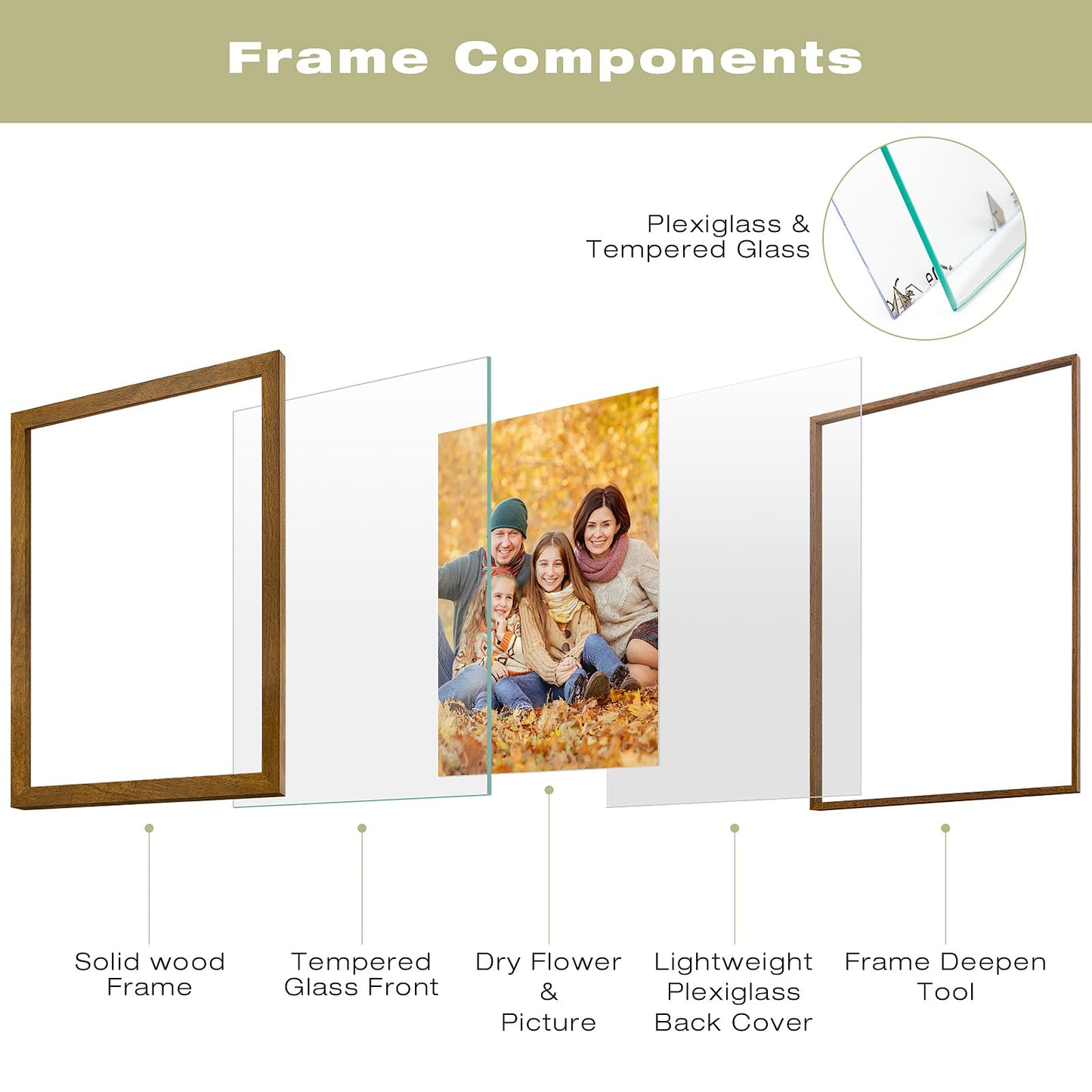 11x14 Floating Picture Frame - Brown Solid Wood Frame for Pressed Flower - Real Glass of Front - Use as 8x10 or 5x7 Picture Frame - for Wall Mount Display (Brown, 1 Pack)