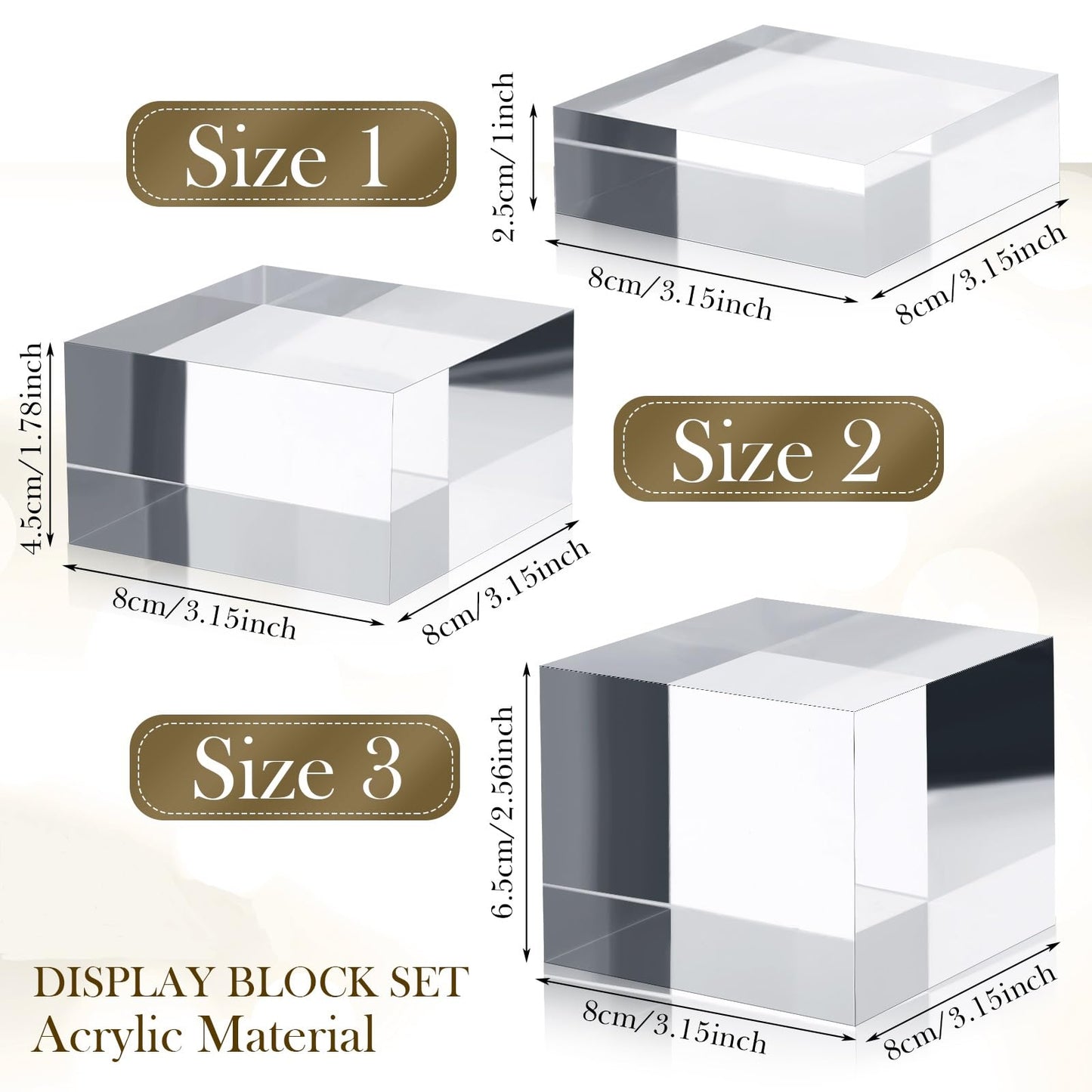 Geelin 6 Pcs Acrylic Risers Stand Display Block Decor Riser 3 Size Decor Clear Polished Cube Solid Pedestal Stand for Jewelry Perfume Photography Collection Food Doll Wedding High Density (Square)