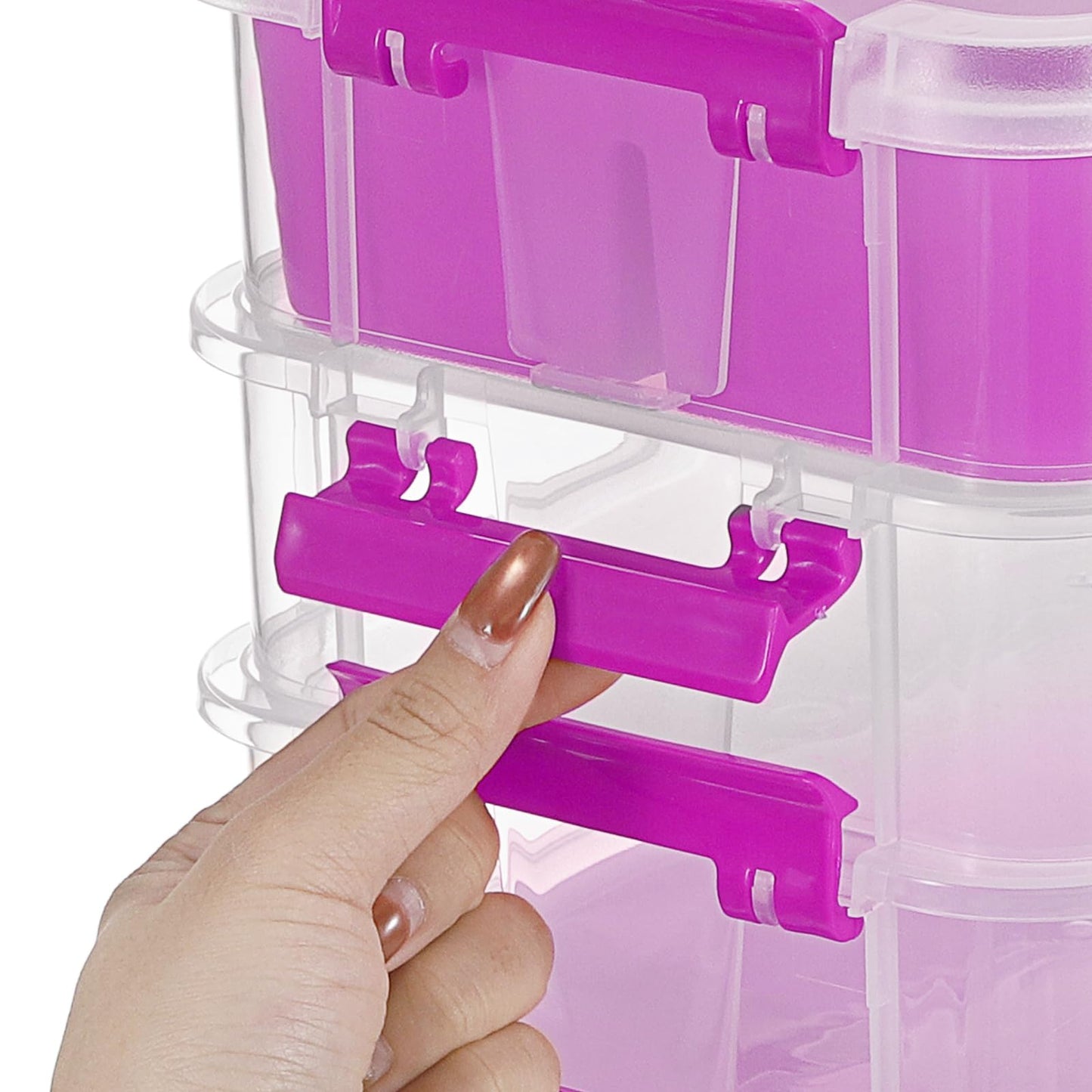 JUXYES 4-Tiers Stack Carry Storage Box With 2 Divided Tray, Transparent Stackable Storage Bin With Handle Lid Latching Storage Container for School & Office Supplies, Purple