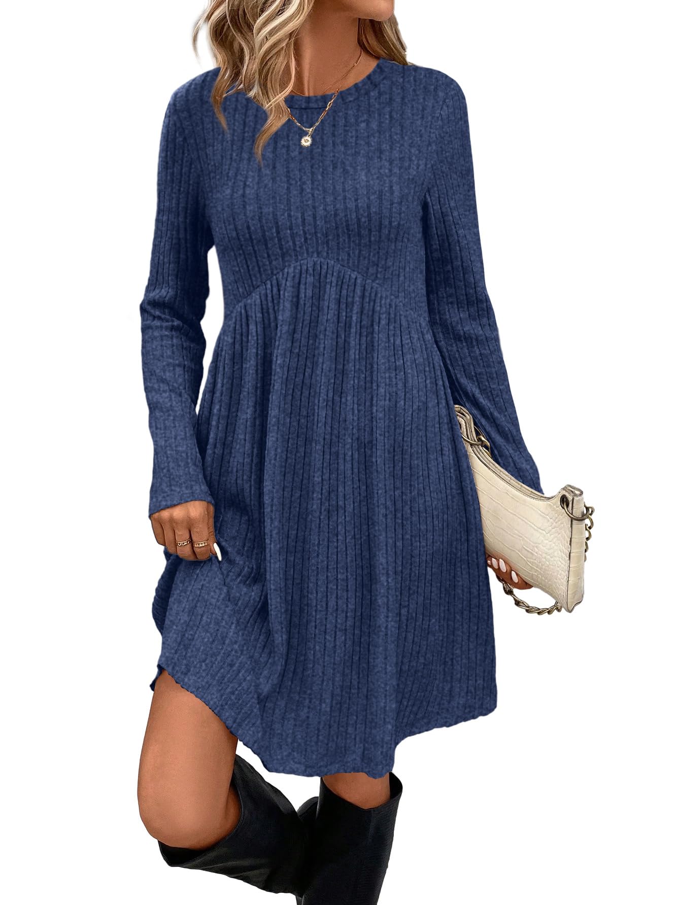 OFEEFAN Long Sleeve Dress for Women Crew Neck Empire Waist Tunic Dress with Pockets