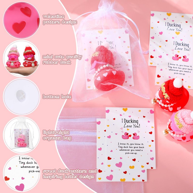 Lunmon 50 Pcs Valentine's Day Rubber Duck for Exchanging Gifts 50 Cards 50 Organza Bags 50 Hats 2 Inch Pink Red Heart Love Valentines Duck with Fake Pearl Necklace for Party Favors