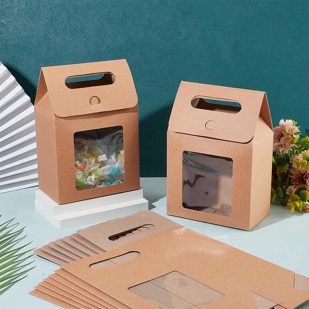PH PandaHall 12pcs Treat Gift Boxes Kraft Paper Boxes Dessert Bakery Boxes with Display Window Packing Box for Valentine Mother's Day Easter Birthday Party 3.1x5.2x5 inch