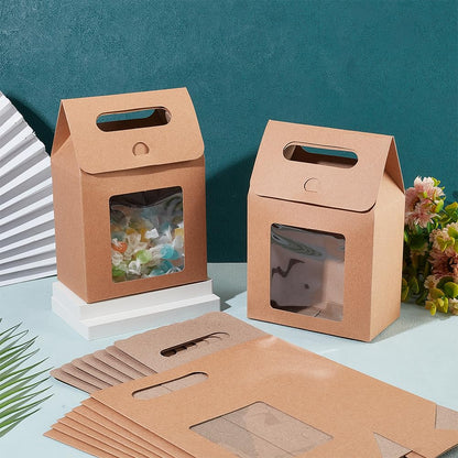 PH PandaHall 12pcs Treat Gift Boxes Kraft Paper Boxes Dessert Bakery Boxes with Display Window Packing Box for Valentine Mother's Day Easter Birthday Party 3.1x5.2x5 inch