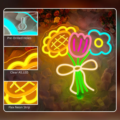 3 Flower Neon Sign Flower Neon LED Lights Cool Warm White Yellow Acrylic Wall Mount LED Boho Decorative Signage USB Powered Summer Retro Light up Sign for Wall Window Bedroom Wedding Birthday Party Decoration for Mother's Day