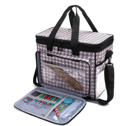 Teamoy Knitting Bag with Divider and Cover, Portable Yarn Storage Organizer for Crochet Accessories and Knitting Needles,Ideal for Knitting Enthusiasts, Gray Dots
