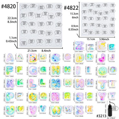 Alphabet Resin Shaker Molds Kawaii Keychain Charm Large and Small Set Pack of 107 Silicone Trays Seal Films Precision Tip Applicator Bottle Kit Bundle