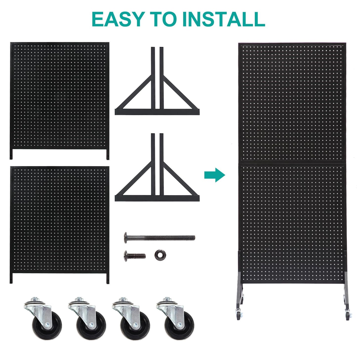 Eastern Tree 2.5'x 6' Metal Pegboard Display Stand with T-Base, Black Peg Board Panels Display with Casters, Standing Pegboard Display, Retail Display Stand, Extra 10 Pieces Hooks, Black