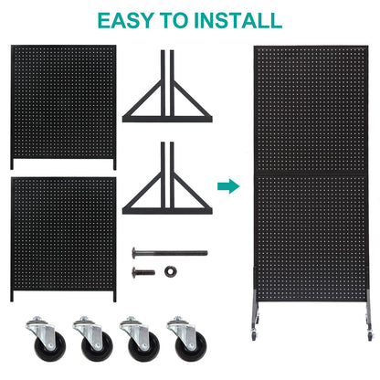 Eastern Tree 2.5'x 6' Metal Pegboard Display Stand with T-Base, Black Peg Board Panels Display with Casters, Standing Pegboard Display, Retail Display Stand, Extra 10 Pieces Hooks, Black