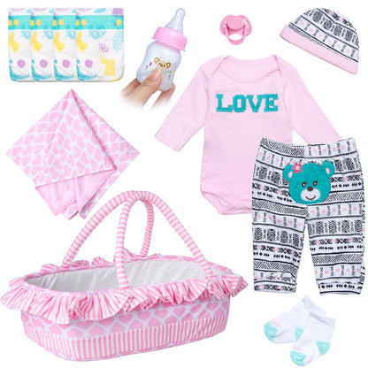 PEDOLLTREE 12 Pcs Reborn Baby Dolls Clothes Girl Outfit Accessories for 17-22 Inch Reborn Doll Newborn Girl with Pink Love Heart Bassinet