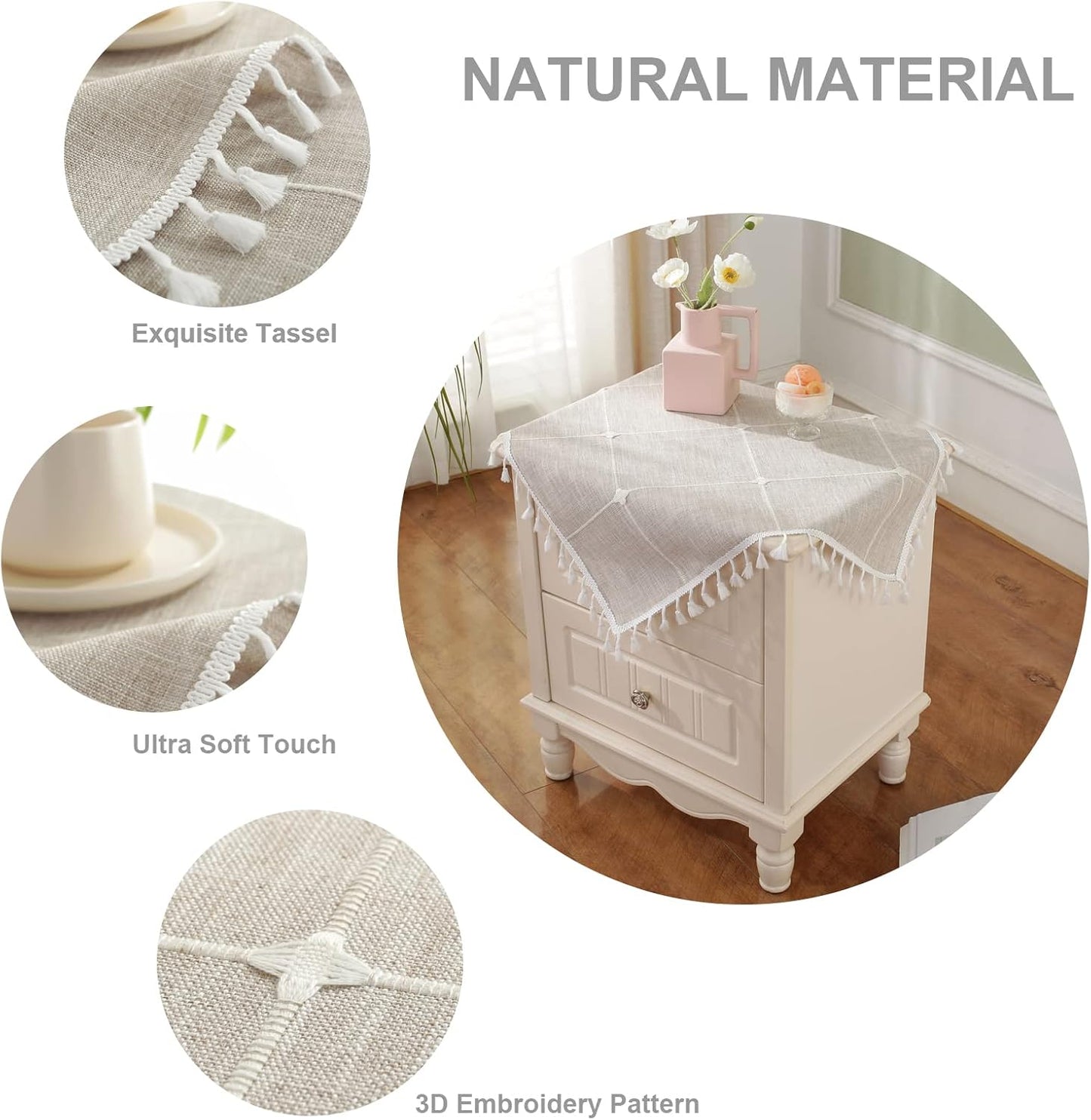 24 24 Inch Square Small Bedside Tablecloth Cotton Linen Light Brown Lattice Dust-Proof Washable Table Cover Boho