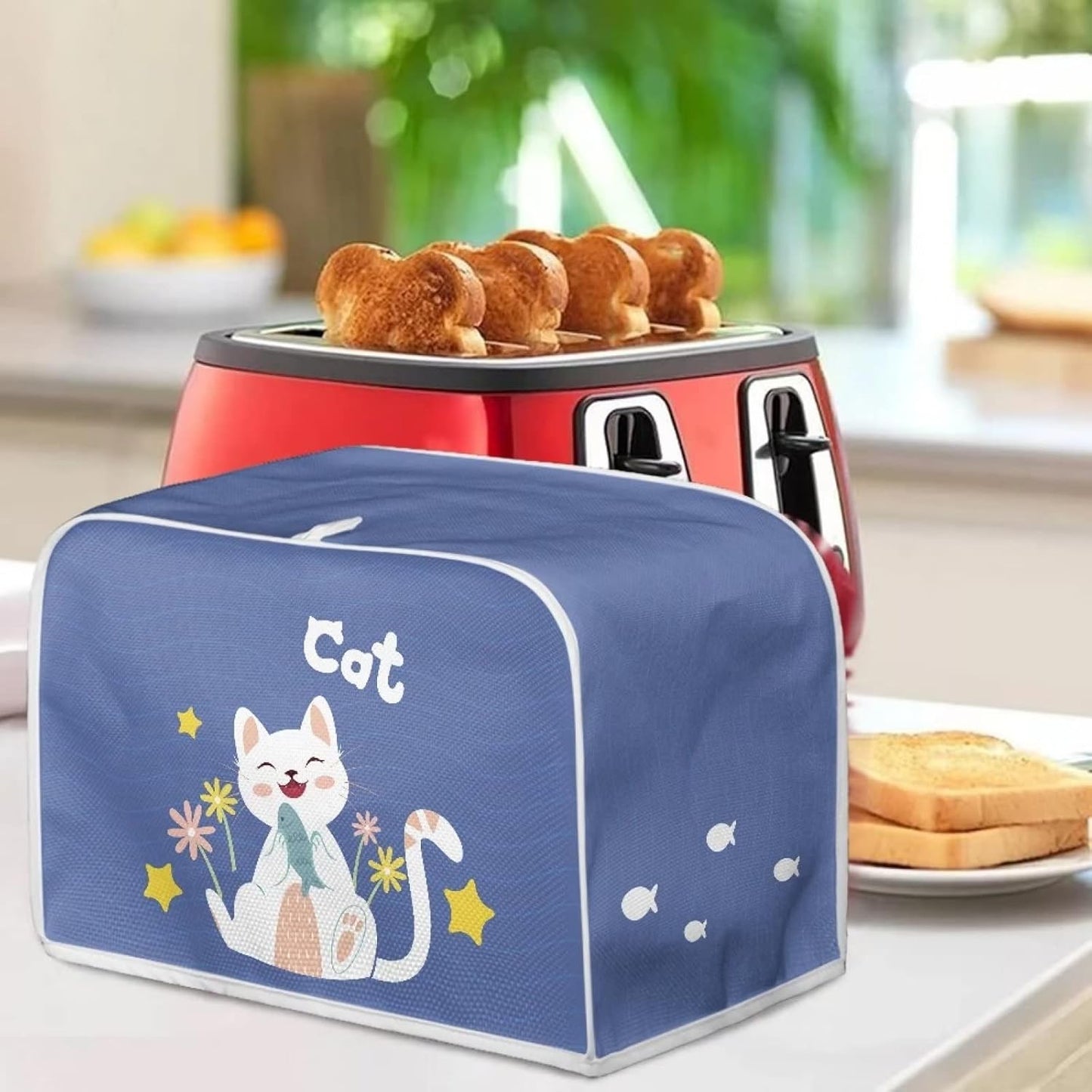 Cat Flower Print Toaster Cover 2 Slice Wide Slot, Lightweight Washable Dust Protection Appliance Bag Bread Maker Cover,