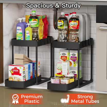 Ukeetap Multi-Purpose Pull-Out Storage Organizers, Under Sink/Cabinet Organizers and Storage for Bathroom & Kitchen, Black, 12.8 Inches, 2 Packs