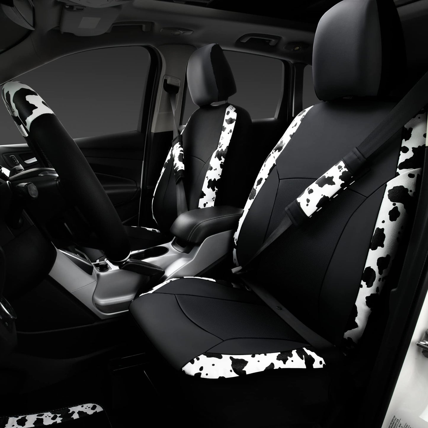 CAR-PASS Cow Print Car Accessories Sets Faux Leather Car Seat Covers & Cow Car Mats & Cow Steering Wheel Cover Seat Belt Pads Universal fit for SUV,Van,Saden,Truck Cute Automobile Interior Sets Women