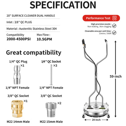 20" Pressure Washer Surface Cleaner Plus with 5 Nozzles Water Broom, Stainless Steel Dual Handle Power Washer Surface Cleaner for Patio Decker Concrete Driveway, 4000 PSI