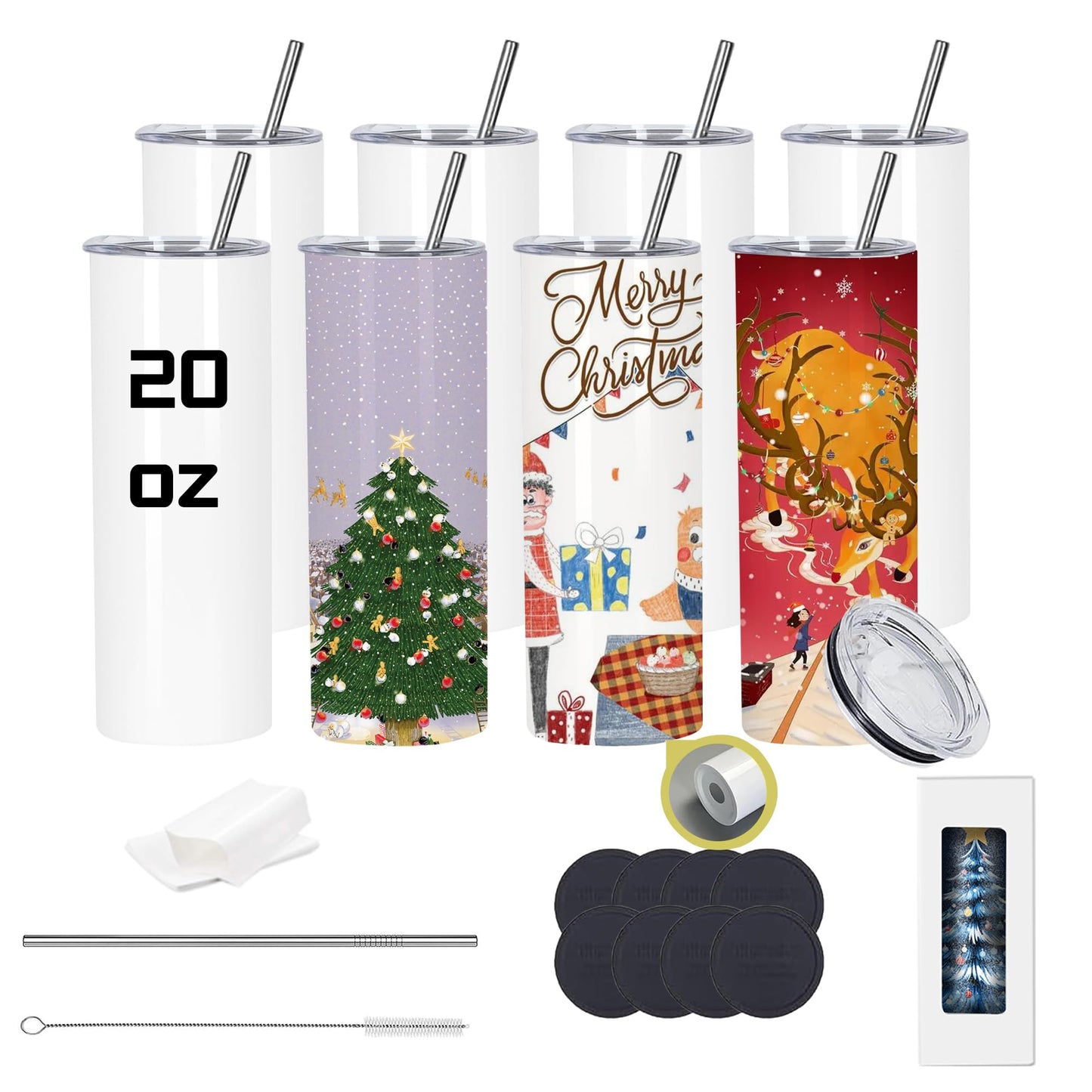 Stvyar 20oz Flat edge sublimation tumblers ，White skinny insulated Sublimation tumbler Straight Cups with Individual Gift Box, Silicone Bottom Polymer Coating for Heat Transfer (8, white)