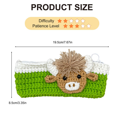Highland Cow Crochet Kit for Beginners, Learn to Crochet Pencil Bag Starter Set with Video Tutorial & Crocheting Manual, Easy Yarn Knitting Kit for Adult, DIY Amigurumi Birthday Xmas Gift Idea