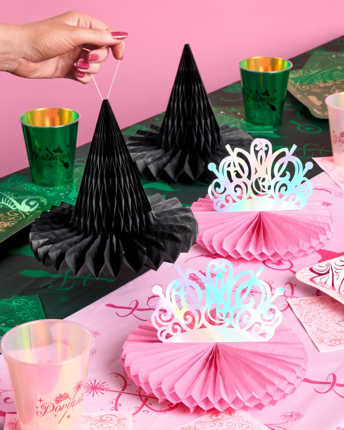 xo, Fetti Witch Party Hanging Decor - Set of 4 | Pink Tiara + Black Hat | Iridescent Centerpieces, Magical Birthday Decorations, 3D Tabletop Setting