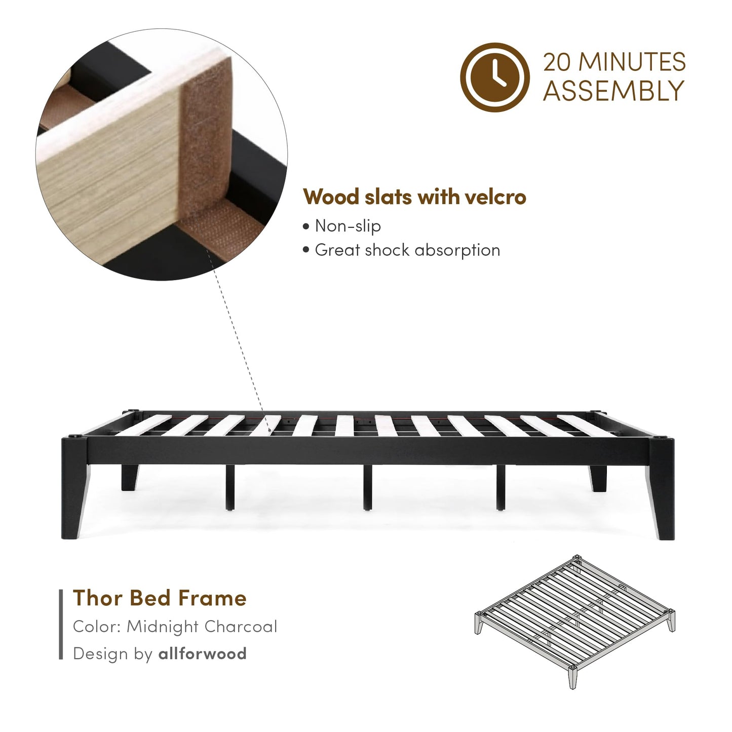 AllForWood Thor Premium Solid Wood Bed Frame King, Japanese Joinery Bed Frame with Wood Slat Support, Platform Bed, No Box Spring Needed, Easy Assembly, Minimalist & Modern Style (Midnight Charcoal)