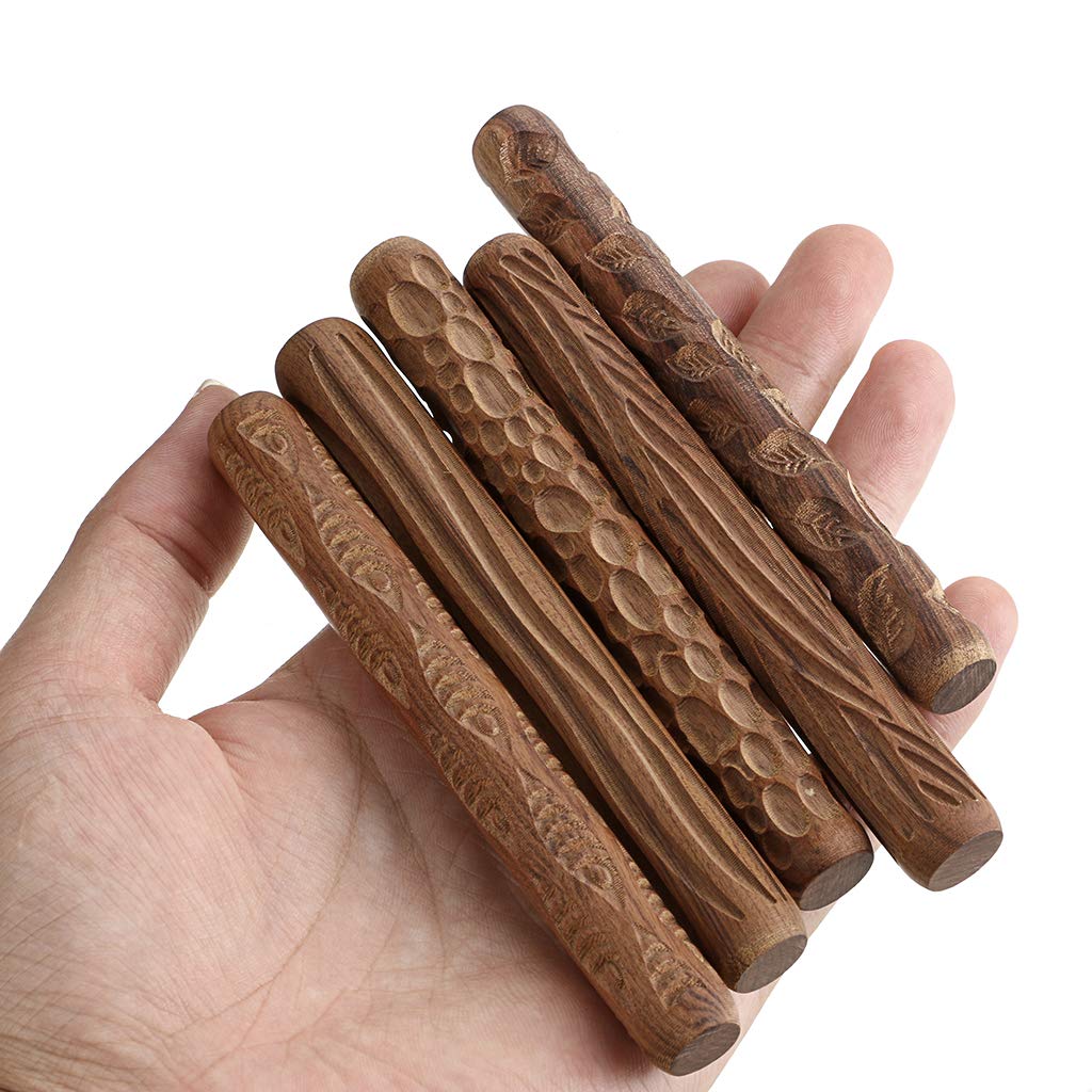 OwnMy Set of 5 Clay Modeling Pattern Rollers Kit, Fish Leaves Cobblestone Ripple Wood Grain Pattern 4.7 IN Clay Rolling Pin Textured Hand Roller Wooden Handle Pottery Tools Set