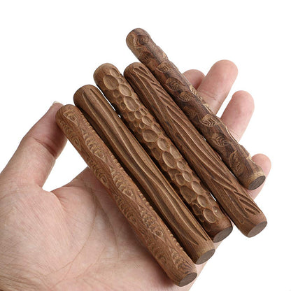 OwnMy Set of 5 Clay Modeling Pattern Rollers Kit, Fish Leaves Cobblestone Ripple Wood Grain Pattern 4.7 IN Clay Rolling Pin Textured Hand Roller Wooden Handle Pottery Tools Set