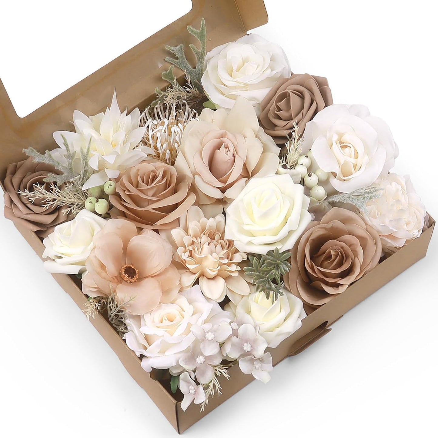 Bravo West Boho Rose Artificial Flowers Combo Box,Taupe Nude and Beige Fake Silk Flowers Kit for DIY Wedding Bouquets,Modern Faux Wedding Flowers for Bridal Shower Centerpieces and Home Decor
