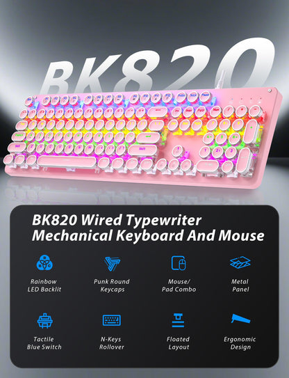 Typewriter Mechanical Gaming Keyboard and Mouse, Metal Panel Retro Keyboards with Round Keycap Blue Switch, Rainbow LED Backlit 104-Key Anti-Ghost Wired Mouse and Pad Combo for PC Laptop Mac Gamer